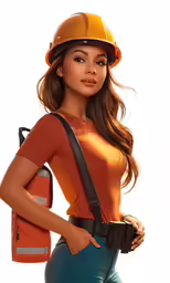 an attractive young woman wearing construction gear and carrying a camera