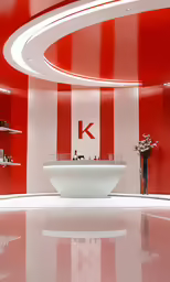 the reception room has a unique red and white circular design