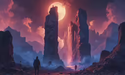 a scifi - fi scenery scene shows the city of gorl with a bright sunset