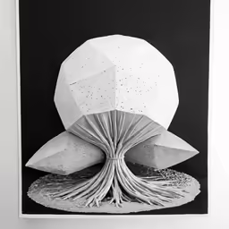 an intricate sculpture in black and white with some large dots on it