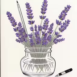 an ink sketch of purple flowers in a jar,a drawing of flowers in a jar with pens,there is a drawing of some lavenders in a glass jar,a drawing of a vase filled with purple flowers,drawing lavender in a glass jar next to a marker