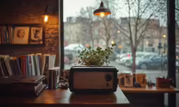 an old radio is sitting on the table near the window