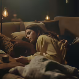 a woman laying on top of a couch with lights