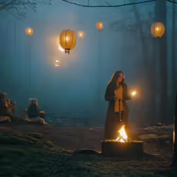 woman standing next to a campfire and lanterns in the air