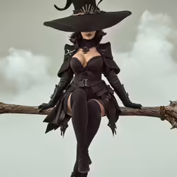 the woman is dressed as an evil witch sitting on a tree branch