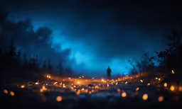 a person standing in the forest with lights coming from their arms