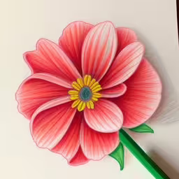this is a colored drawing of a pink flower,a paper flower with green stem on it,the image is in the color green and has red flowers,the drawing shows how close this flower looks with pencils,a drawing of a pink flower on white paper