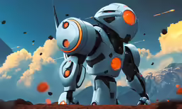 an artificial dog stands on its hind legs with many small objects flying around it