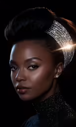 an african american woman with a pearl tiara and diamond choker