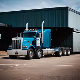 the blue truck is parked in front of the storage area,a semi truck parked in front of a building
