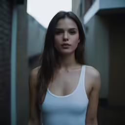 a woman with long hair and white tank top standing next to brick building