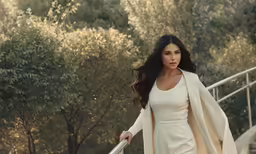 an attractive woman in a long sleeved dress walks down the steps