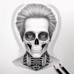a pencil drawing of a skeleton with an image of the human face and head on it