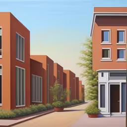 a large painting of a street that is painted in red,a painting of orange buildings with a street on the opposite side