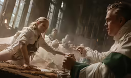 the young girl is giving something to the young man