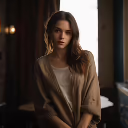 a woman wearing a sweater looking at the camera