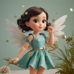 a small doll standing in a garden holding a plant