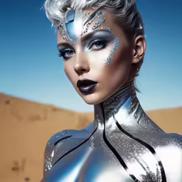 a woman in silver is wearing an unusual makeup