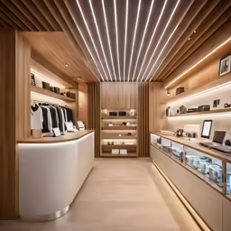 a modern retail shop with lighting above the counters