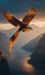 a large bird is flying above the water