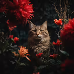 a cat is standing among the flowers of some red