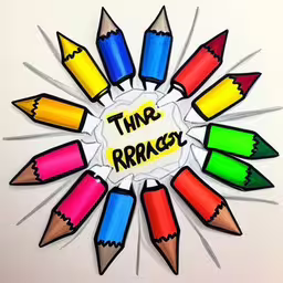 there is a round sign with colored crayons,multicolored pencils with the words time ramasy written on them,several colored pencils and the words time rraccy written on them,colored pencils arranged in a circular, spelling time,several colored pencils have been placed in a circle to spell time, chaos