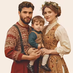 a couple dressed in renaissance clothing holding a child