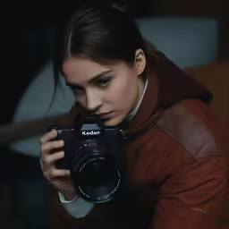 woman with camera in hand in darkened area