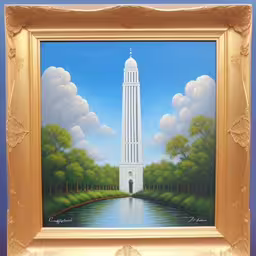 a painting of a tall building next to trees,the painting is framed on the wall