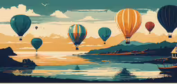 a group of hot air balloons floating above the ocean,an illustration of hot air balloons flying above the ocean