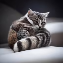 there is a cat sitting on a couch looking up