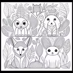 the coloring page shows three foxes in a forest