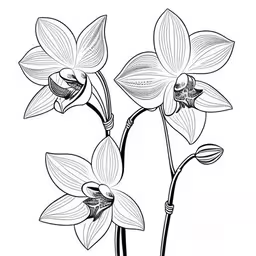 some flowers drawing on paper with black ink,a black and white line drawing of two orchids,a couple of flowers on a white background,drawing of an orchid plant, drawn in black on a white paper,black and white flower drawing of three flower heads