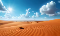 some large sand hills under some clouds and bright blue sky