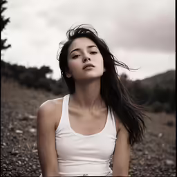 a woman sitting on the ground looking up