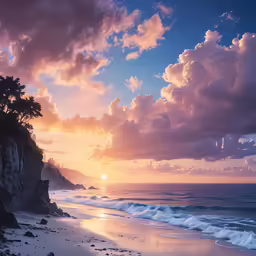 a cloudy sky and sunset on the beach near some water