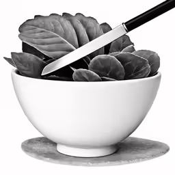 a black and white photo of leafy green vegetables with a knife in the center