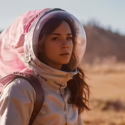 a woman in a space suit looks away from the camera