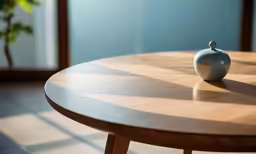 an empty vase on top of a round table