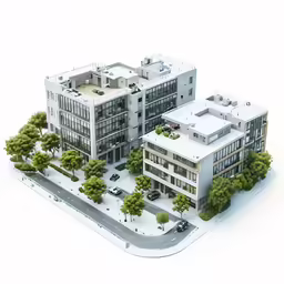 the 3d image of several buildings on an island