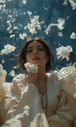 a woman holding a white flower over her face in a room filled with flowers