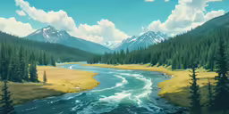 a painting depicting a river in the mountains