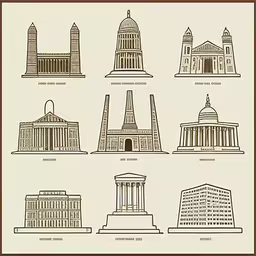 some buildings in different places around the world,an illustration shows the six buildings in the united states
