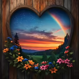 a heart shaped window is hanging with a scenic landscape inside it