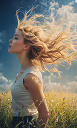 a woman is posing with her hair in the air