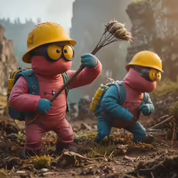 two toy figures, one holding a broom and the other wearing a construction suit, walk down a hill