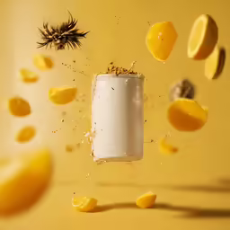 an object is flying with yellow sliced slices