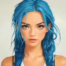 a woman with blue hair and green eyes