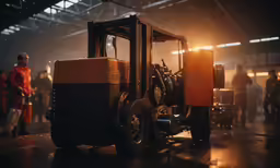 a yellow forklift driving down a street