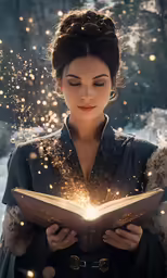 a young woman wearing a black dress is reading a book
